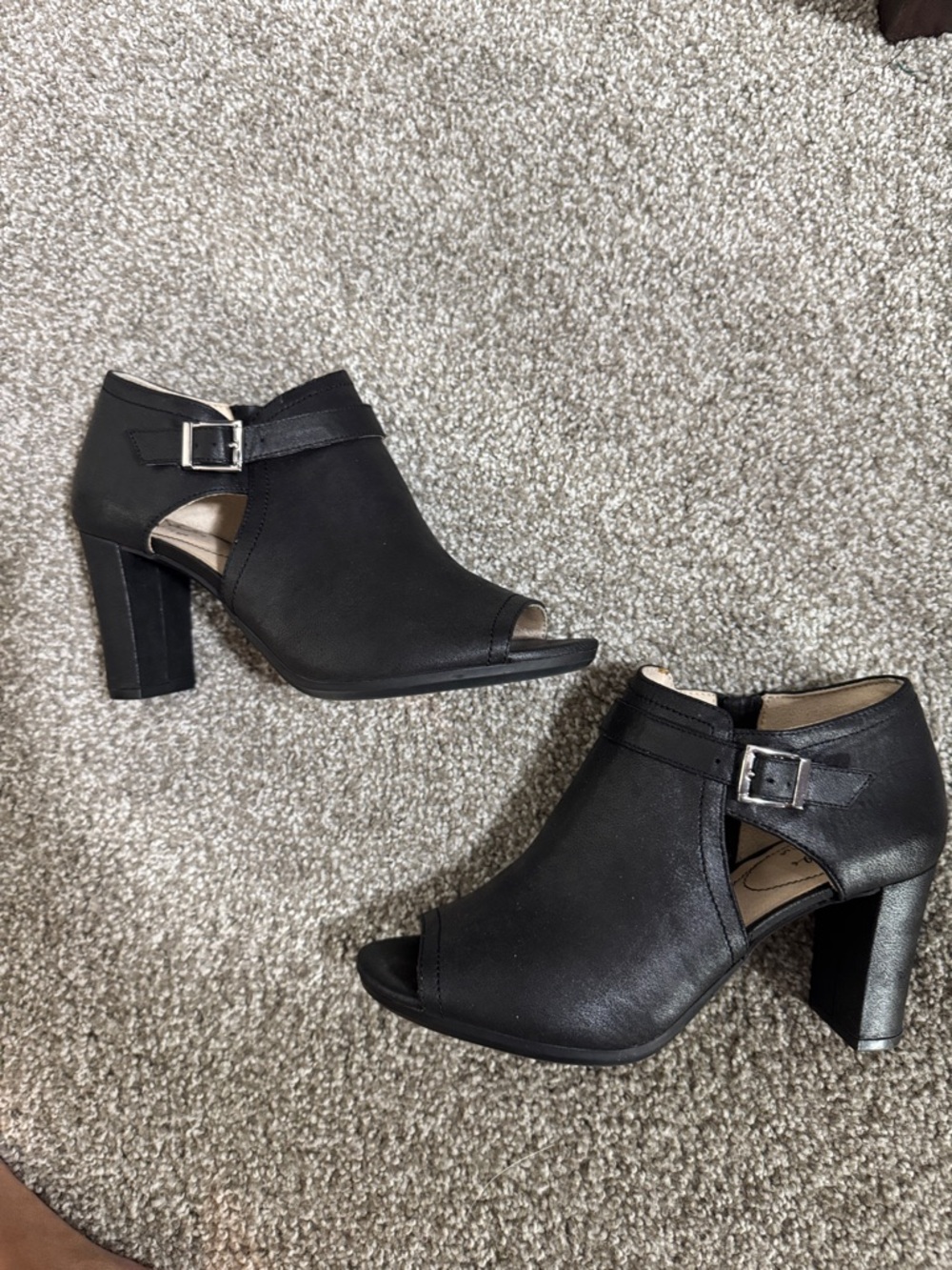 Life Stride Black Open-Toe Buckle Block Heel Ankle Boots